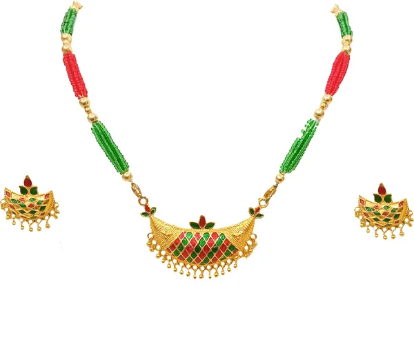 Assamese_traditional_gold_plated_red_green_colour_joonbiri_tassel_Jewellery_Set__For_Women_&_girl